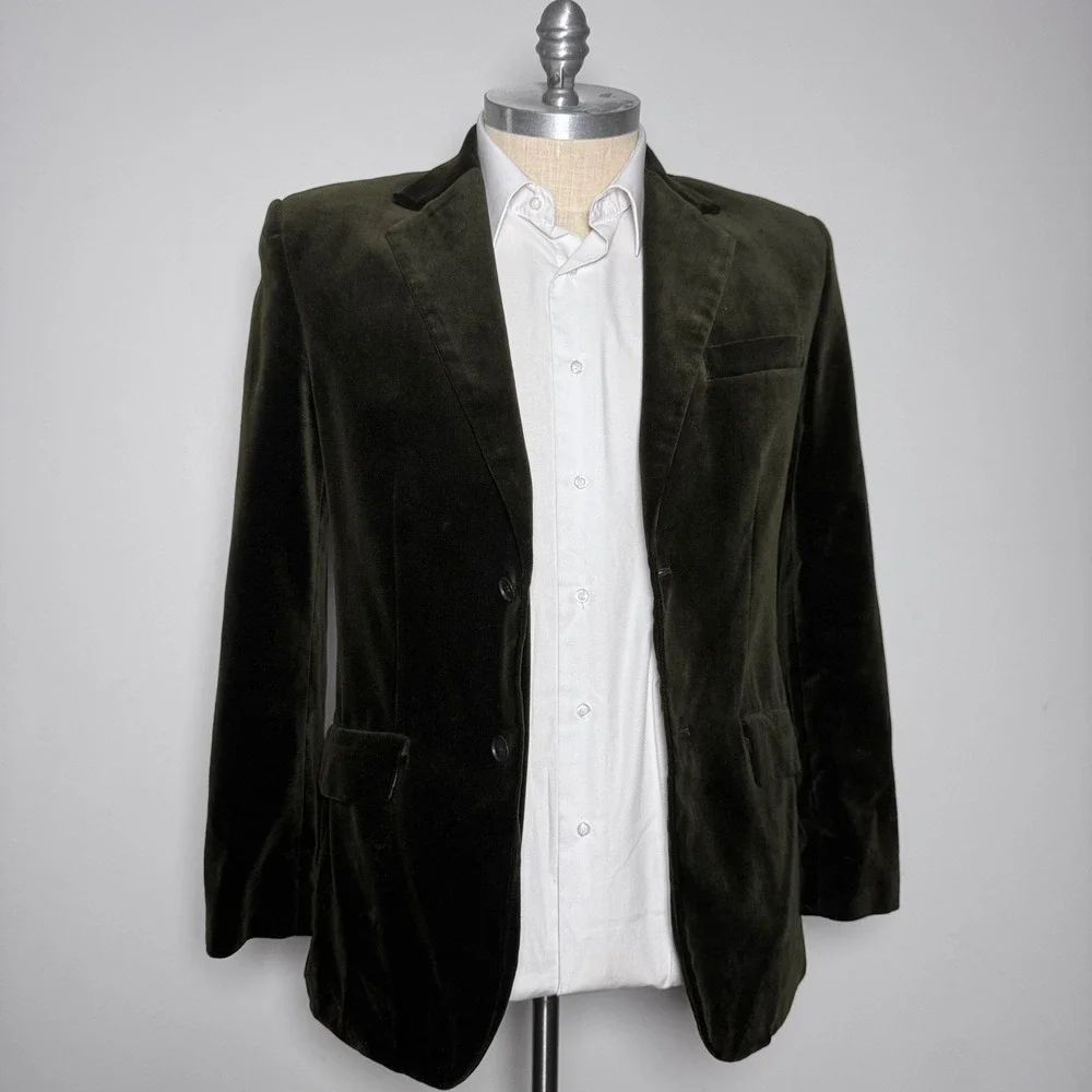 Calvin Klein Blazer Mens Medium Regular Olive Green Solid Velvet Two-Button Coat